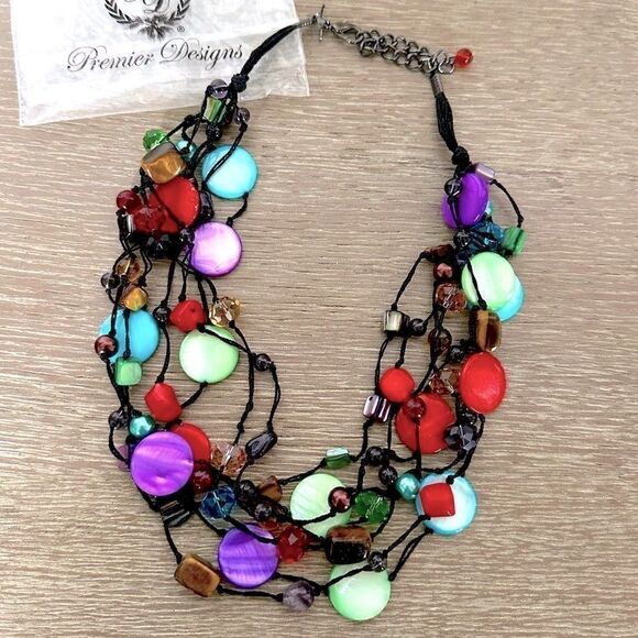 Premier Designs Rainbow Shell Beaded Statement Necklace - Picture 2 of 5